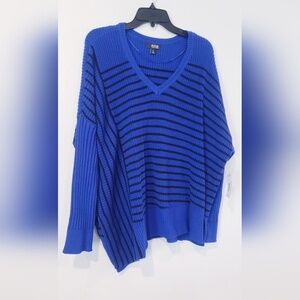 A.N.A. Sweater- Asymmetrical Blue and Black Long Sleeve Striped Top - Woman’s XL